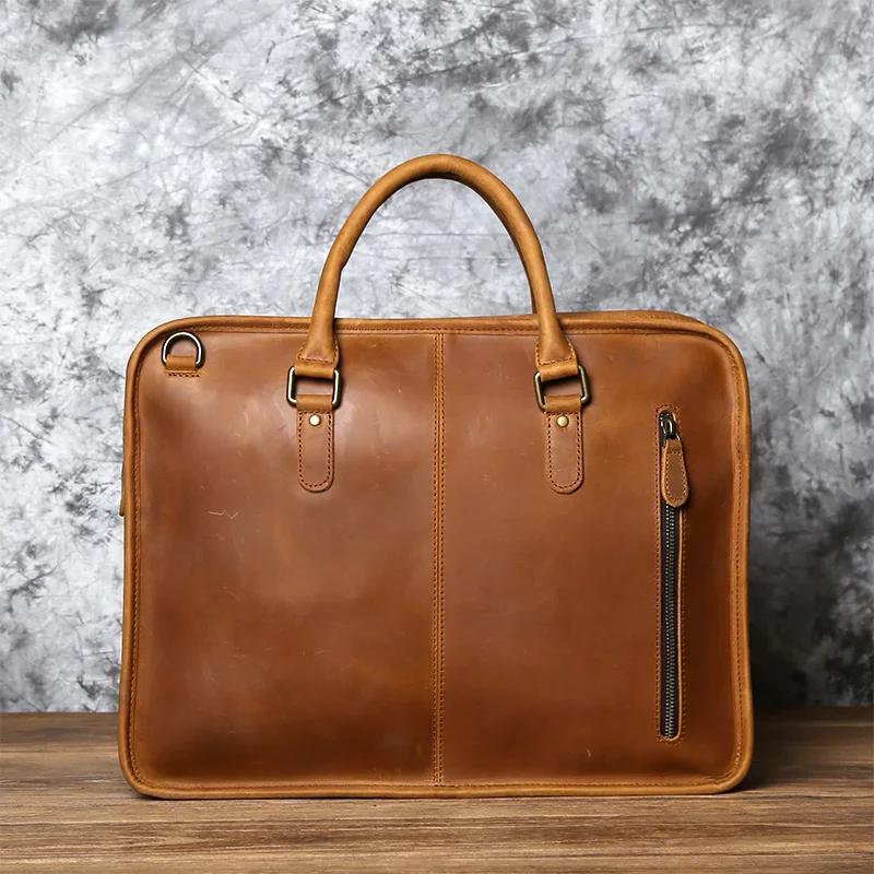 NZPJ Men's Briefcase Leather Handbag Retro Top Layer Cowhide Laptop Bag Crazy Horse Leather Shoulder Messenger Bag Luxury Bag