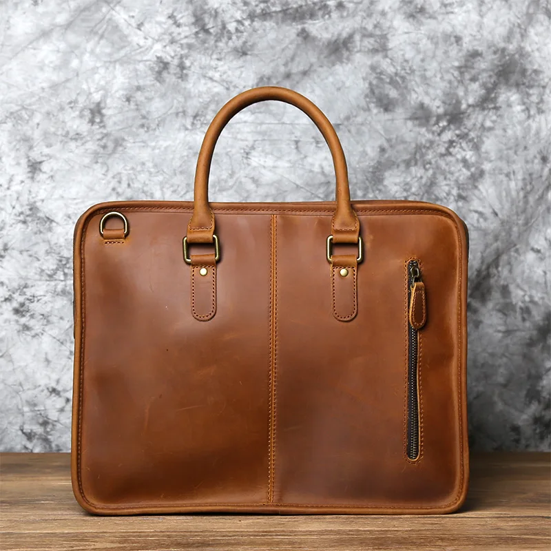 NZPJ Men's Briefcase Leather Handbag Retro Top Layer Cowhide Laptop Bag Crazy Horse Leather Shoulder Messenger Bag Luxury Bag
