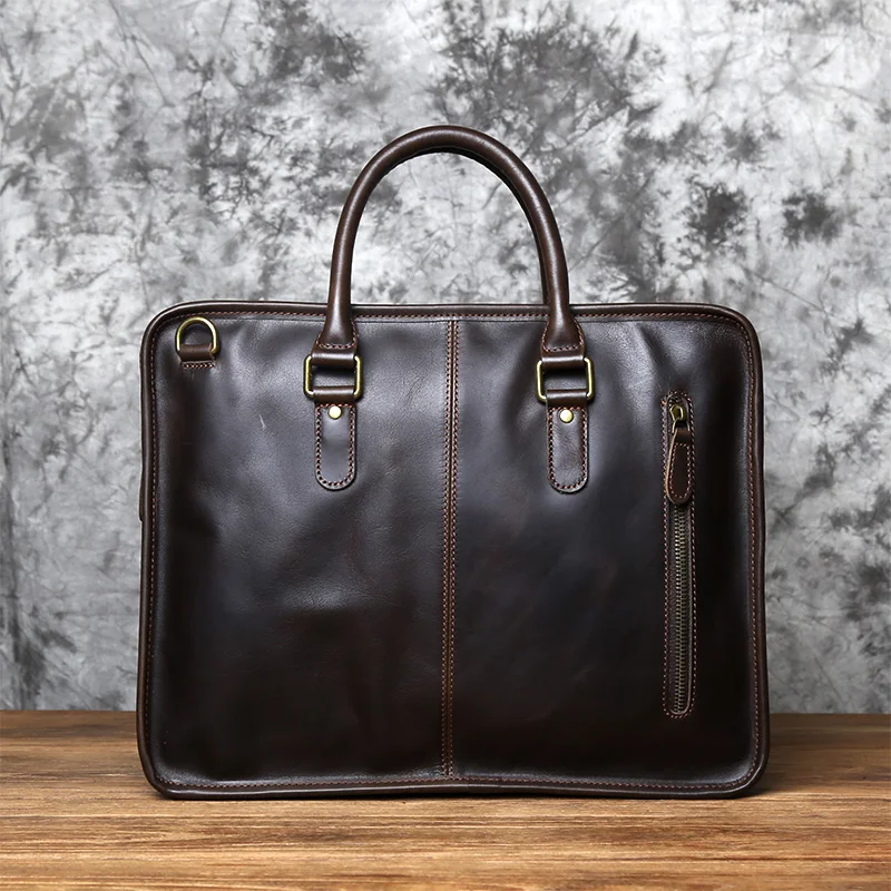NZPJ Men's Briefcase Leather Handbag Retro Top Layer Cowhide Laptop Bag Crazy Horse Leather Shoulder Messenger Bag Luxury Bag