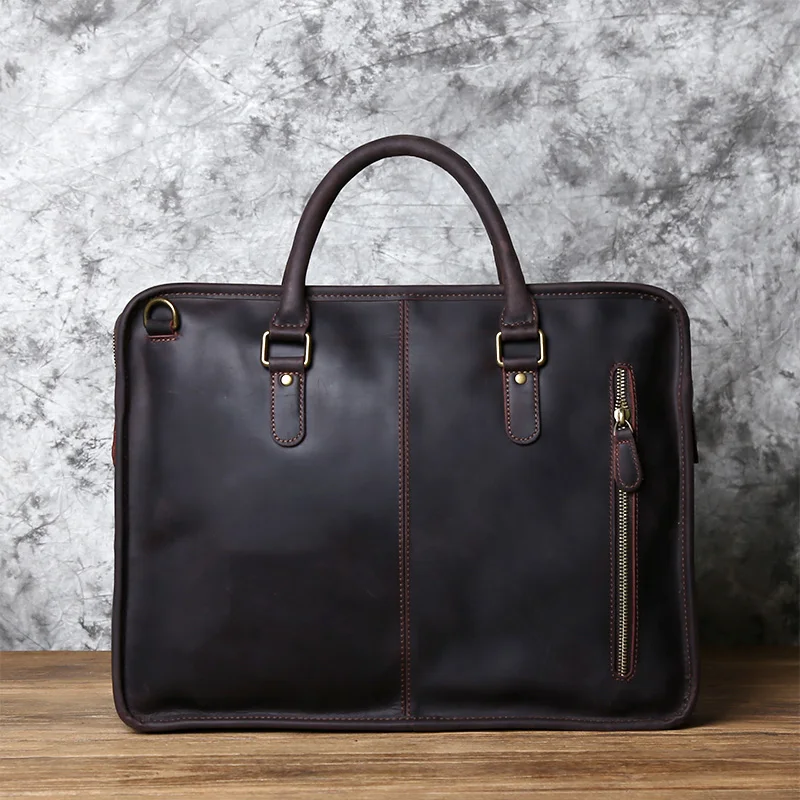 NZPJ Men's Briefcase Leather Handbag Retro Top Layer Cowhide Laptop Bag Crazy Horse Leather Shoulder Messenger Bag Luxury Bag