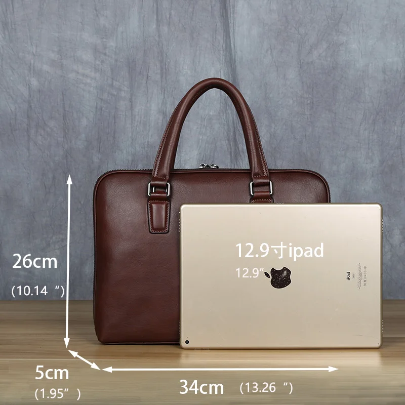 Vintage Men's Briefcase Top Layer Cowhide Casual Handbag Leather Business Shoulder Messenger Bag Brown 14 Inch Laptop Bag NZPJ