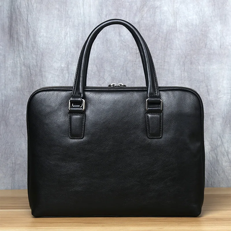 Vintage Men's Briefcase Top Layer Cowhide Casual Handbag Leather Business Shoulder Messenger Bag Brown 14 Inch Laptop Bag NZPJ