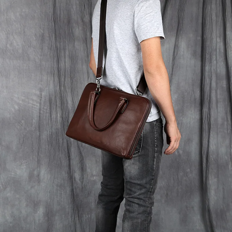 Vintage Men's Briefcase Top Layer Cowhide Casual Handbag Leather Business Shoulder Messenger Bag Brown 14 Inch Laptop Bag NZPJ