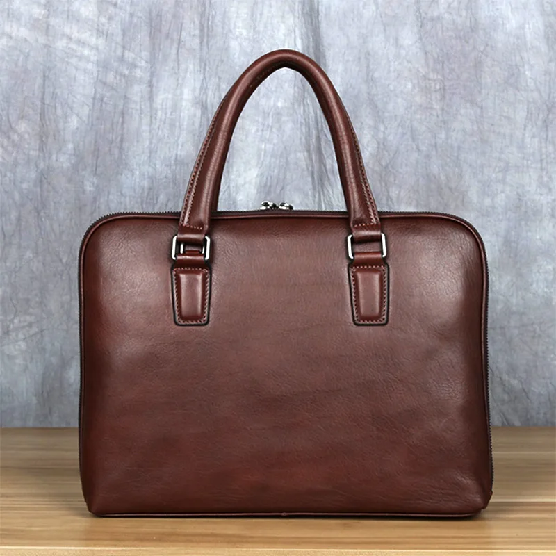 Vintage Men's Briefcase Top Layer Cowhide Casual Handbag Leather Business Shoulder Messenger Bag Brown 14 Inch Laptop Bag NZPJ