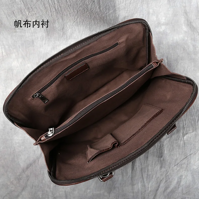 Vintage Men's Briefcase Top Layer Cowhide Casual Handbag Leather Business Shoulder Messenger Bag Brown 14 Inch Laptop Bag NZPJ