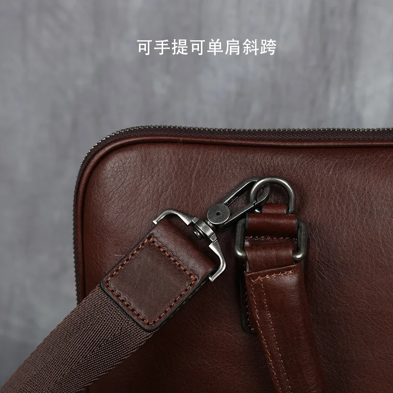Vintage Men's Briefcase Top Layer Cowhide Casual Handbag Leather Business Shoulder Messenger Bag Brown 14 Inch Laptop Bag NZPJ