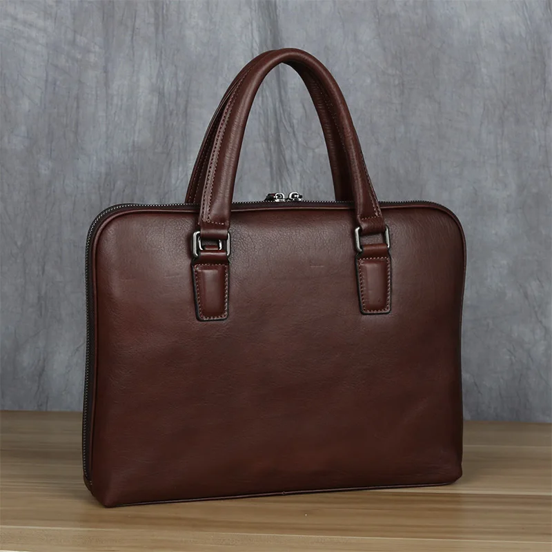 Vintage Men's Briefcase Top Layer Cowhide Casual Handbag Leather Business Shoulder Messenger Bag Brown 14 Inch Laptop Bag NZPJ