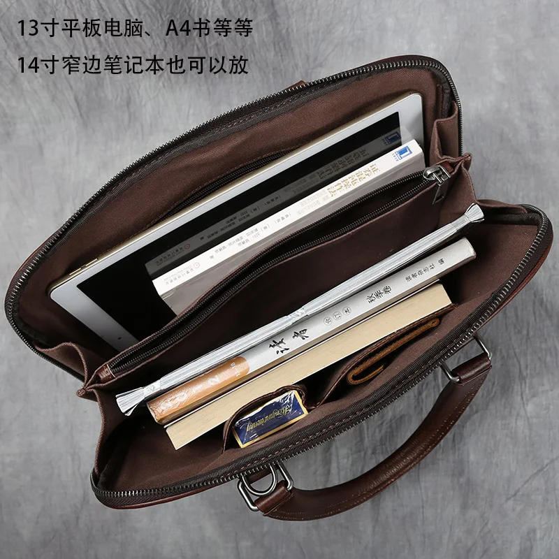Vintage Men's Briefcase Top Layer Cowhide Casual Handbag Leather Business Shoulder Messenger Bag Brown 14 Inch Laptop Bag NZPJ