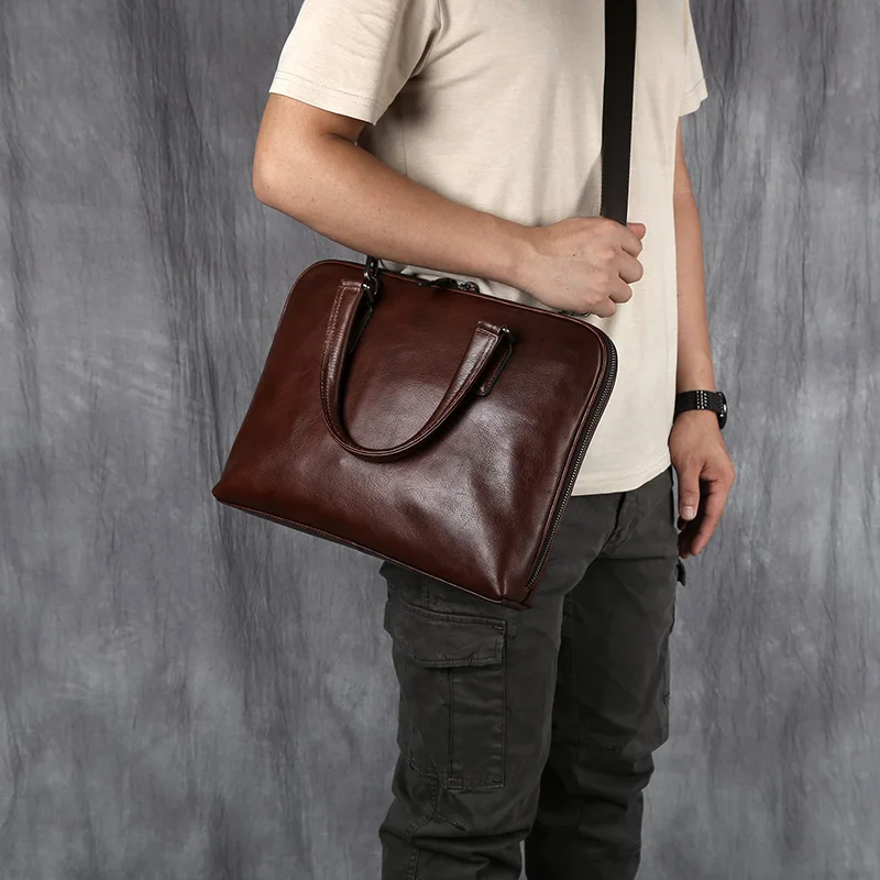 Vintage Men's Briefcase Top Layer Cowhide Casual Handbag Leather Business Shoulder Messenger Bag Brown 14 Inch Laptop Bag NZPJ