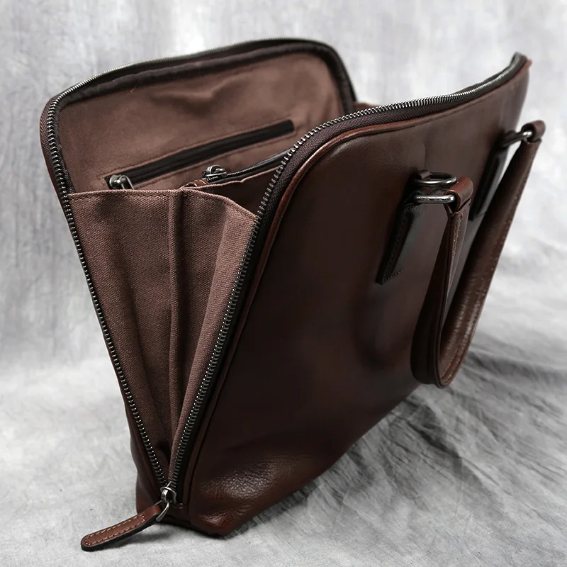 Vintage Men's Briefcase Top Layer Cowhide Casual Handbag Leather Business Shoulder Messenger Bag Brown 14 Inch Laptop Bag NZPJ