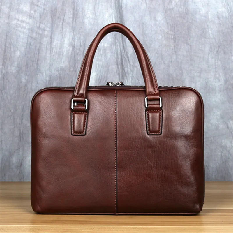 Vintage Men's Briefcase Top Layer Cowhide Casual Handbag Leather Business Shoulder Messenger Bag Brown 14 Inch Laptop Bag NZPJ