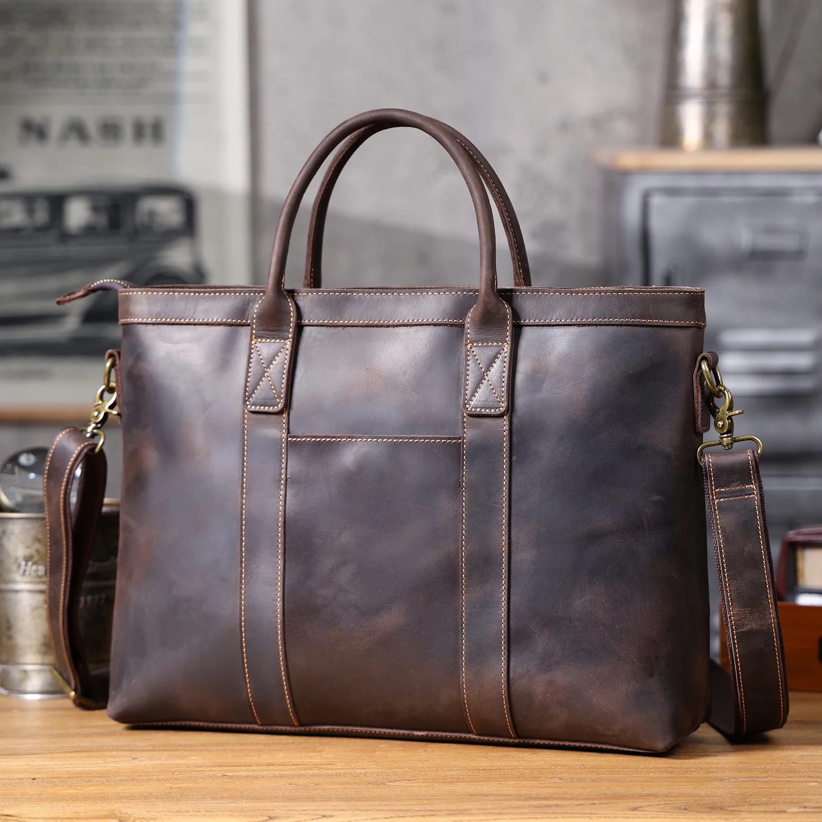 Vintage Genuine Leather Men's Briefcase 16" Laptop Bags Crazy Horse Leather Messenger Handbag Cowhide Handbag Idea Gift For Men