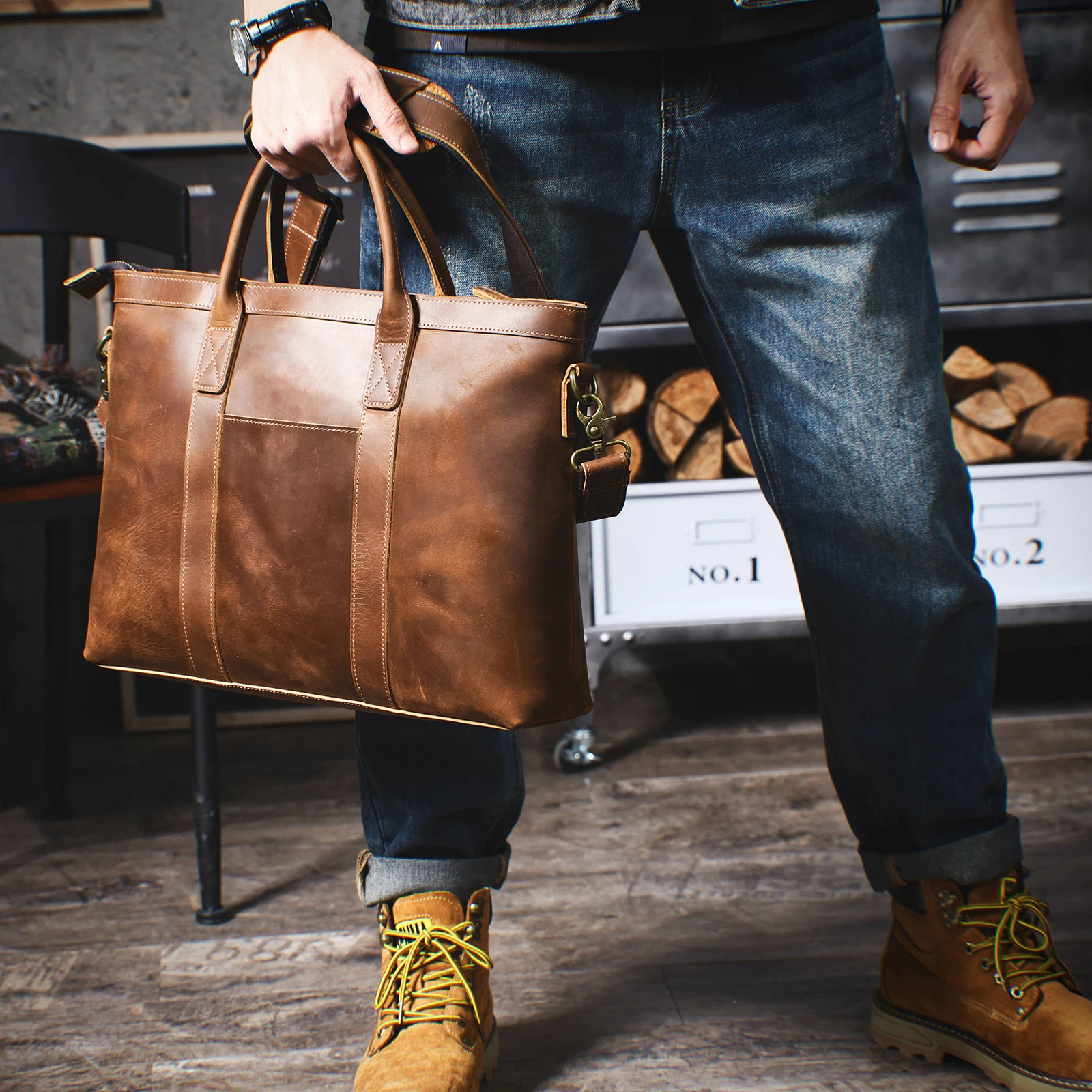 Vintage Genuine Leather Men's Briefcase 16" Laptop Bags Crazy Horse Leather Messenger Handbag Cowhide Handbag Idea Gift For Men
