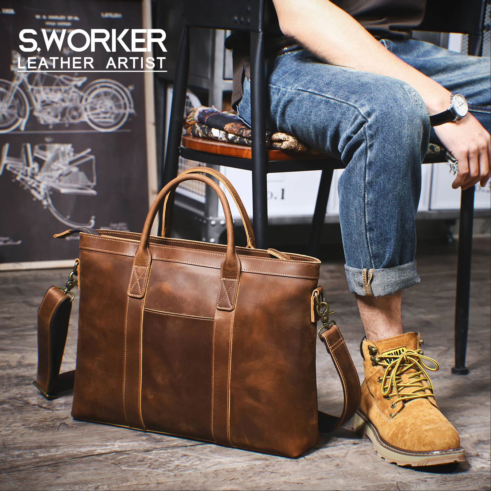 Vintage Genuine Leather Men's Briefcase 16" Laptop Bags Crazy Horse Leather Messenger Handbag Cowhide Handbag Idea Gift For Men