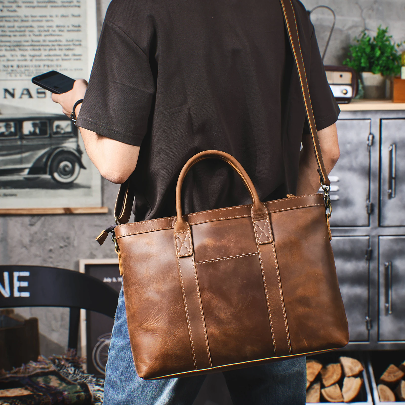 Vintage Genuine Leather Men's Briefcase 16" Laptop Bags Crazy Horse Leather Messenger Handbag Cowhide Handbag Idea Gift For Men