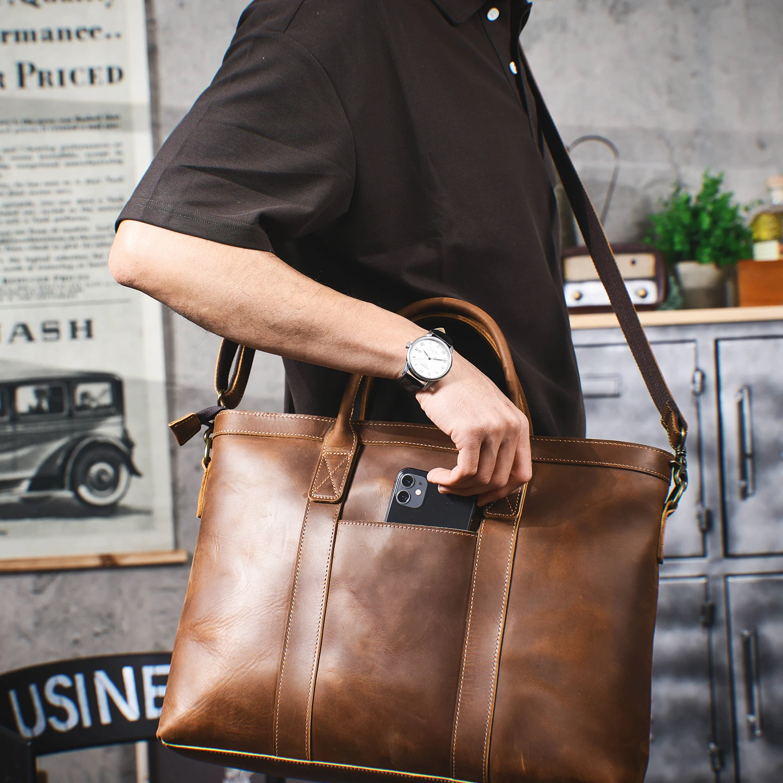 Vintage Genuine Leather Men's Briefcase 16" Laptop Bags Crazy Horse Leather Messenger Handbag Cowhide Handbag Idea Gift For Men