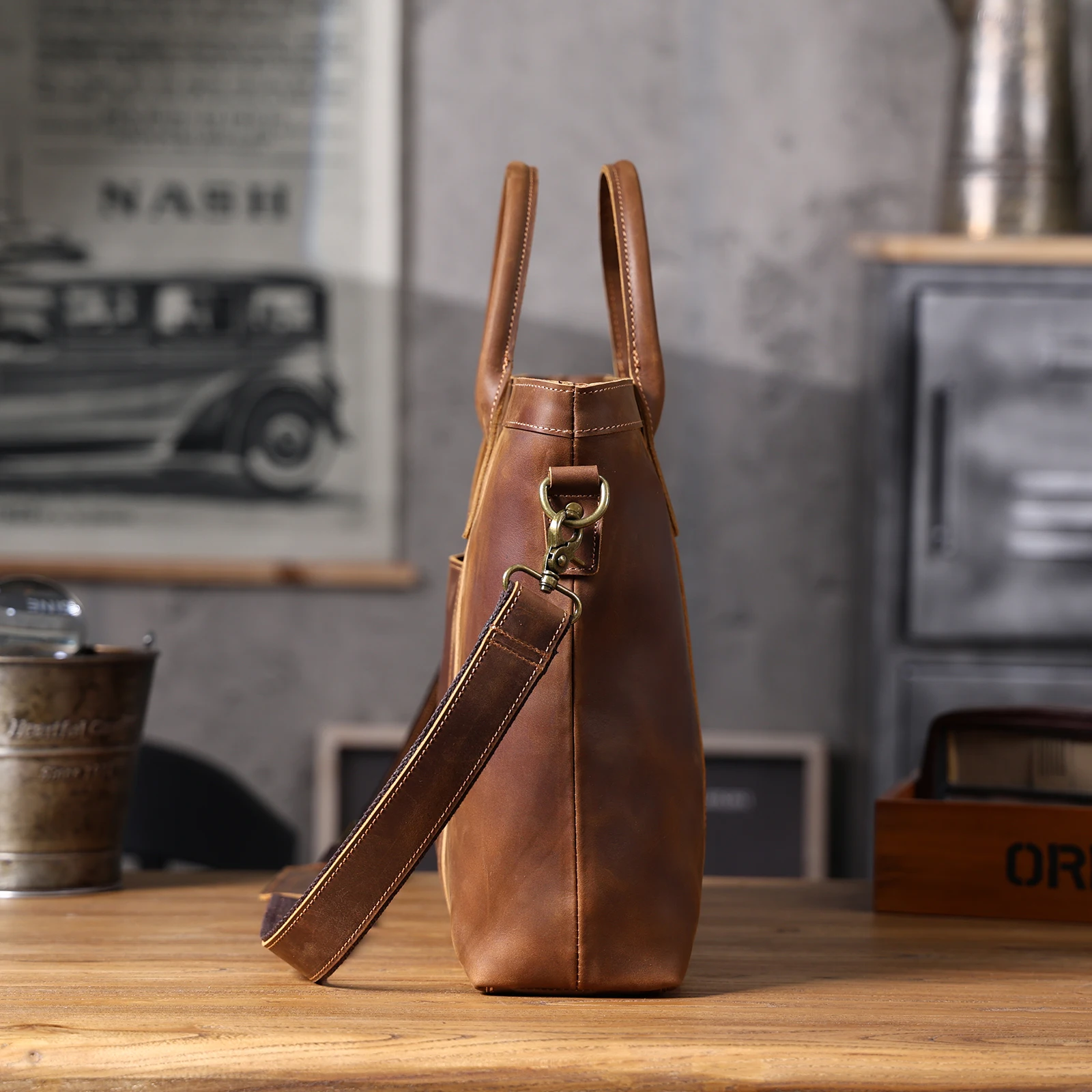 Vintage Genuine Leather Men's Briefcase 16" Laptop Bags Crazy Horse Leather Messenger Handbag Cowhide Handbag Idea Gift For Men