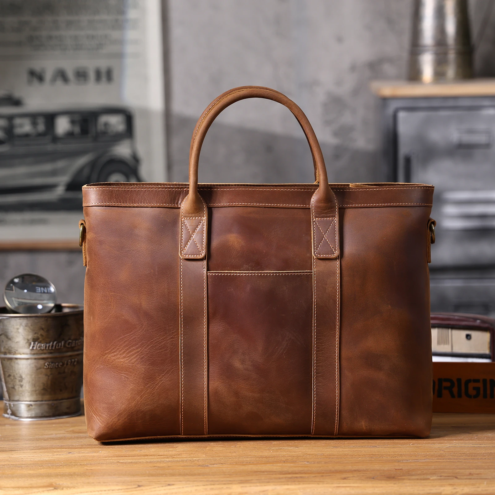 Vintage Genuine Leather Men's Briefcase 16" Laptop Bags Crazy Horse Leather Messenger Handbag Cowhide Handbag Idea Gift For Men