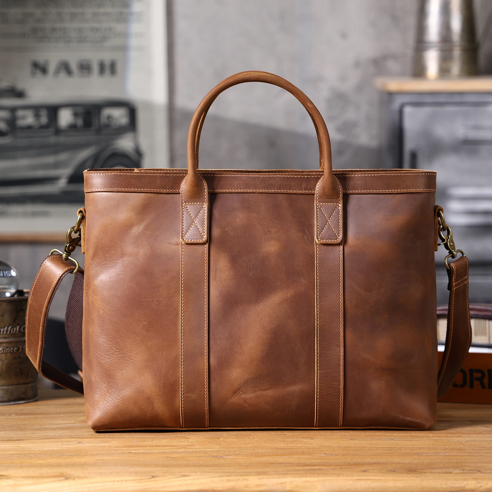 Vintage Genuine Leather Men's Briefcase 16" Laptop Bags Crazy Horse Leather Messenger Handbag Cowhide Handbag Idea Gift For Men
