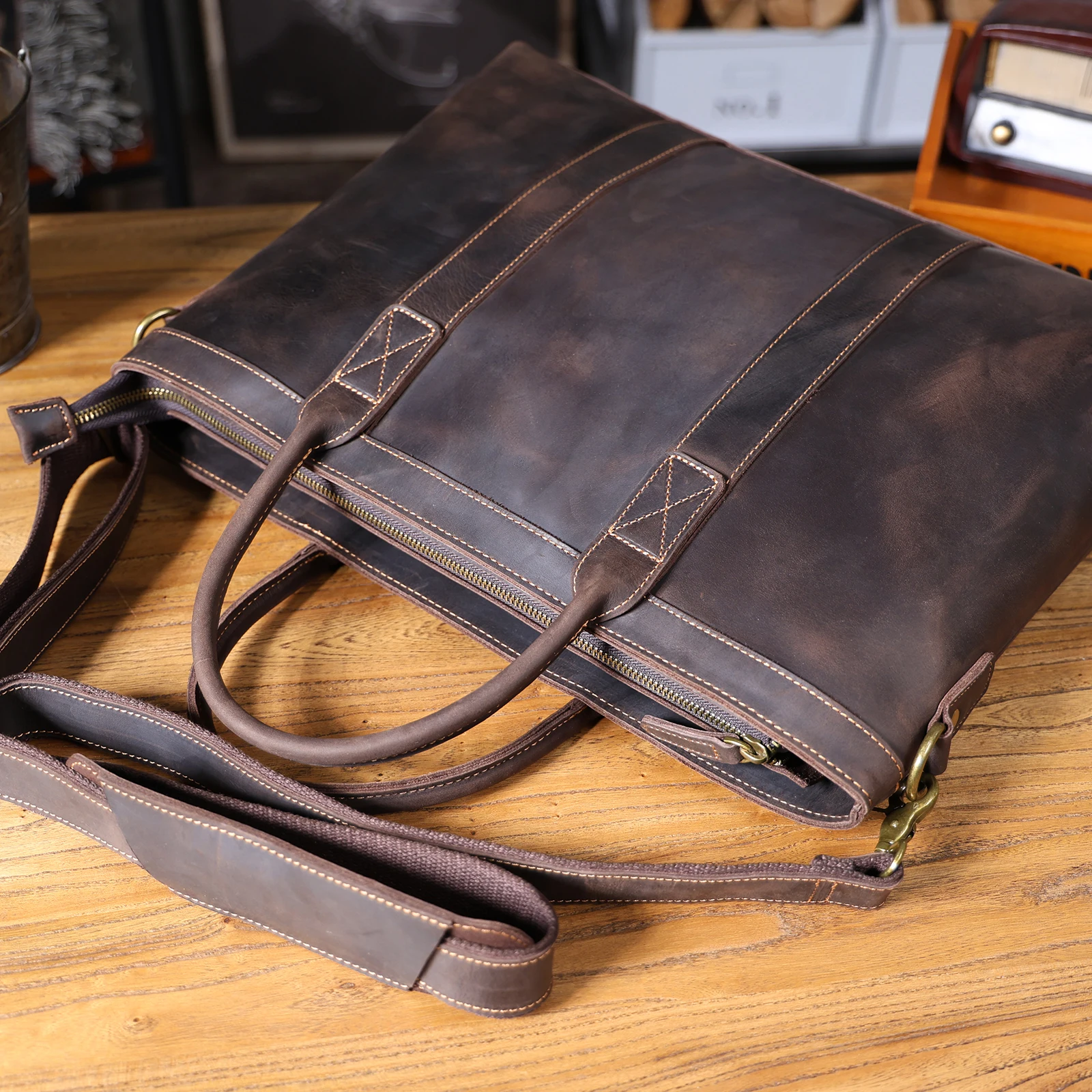 Vintage Genuine Leather Men's Briefcase 16" Laptop Bags Crazy Horse Leather Messenger Handbag Cowhide Handbag Idea Gift For Men