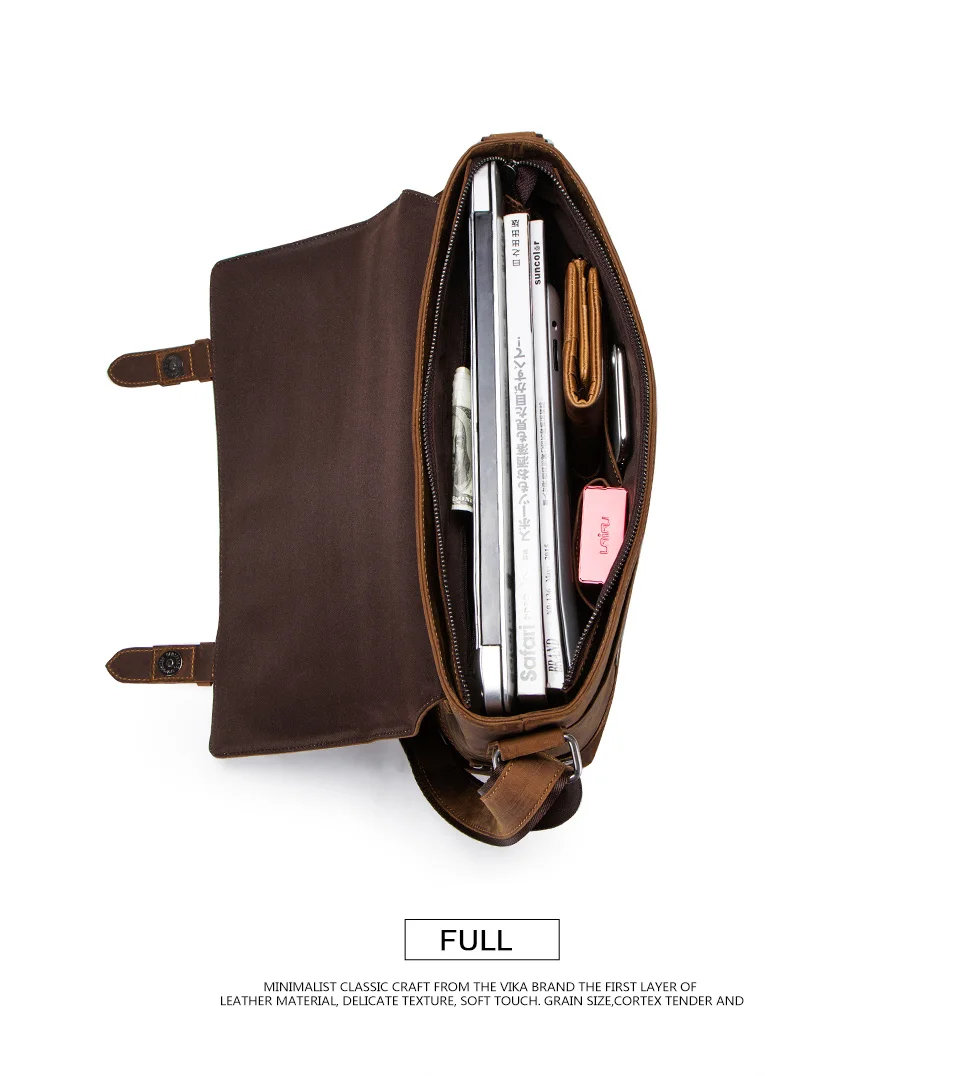 CONTACT'S crazy horse genuine leather men's bag vintage man shoulder bags for laptop messenger bags male bolsa crossbody handbag