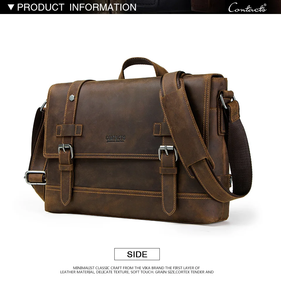 CONTACT'S crazy horse genuine leather men's bag vintage man shoulder bags for laptop messenger bags male bolsa crossbody handbag