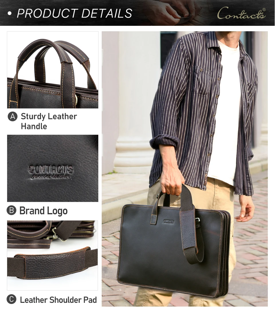 CONTACT'S Genuine Leather Sling Briefcase for Men Business Bags Male Shoulder Bag Men's Bag Tote Laptop Bags for 16" Macbook Pro