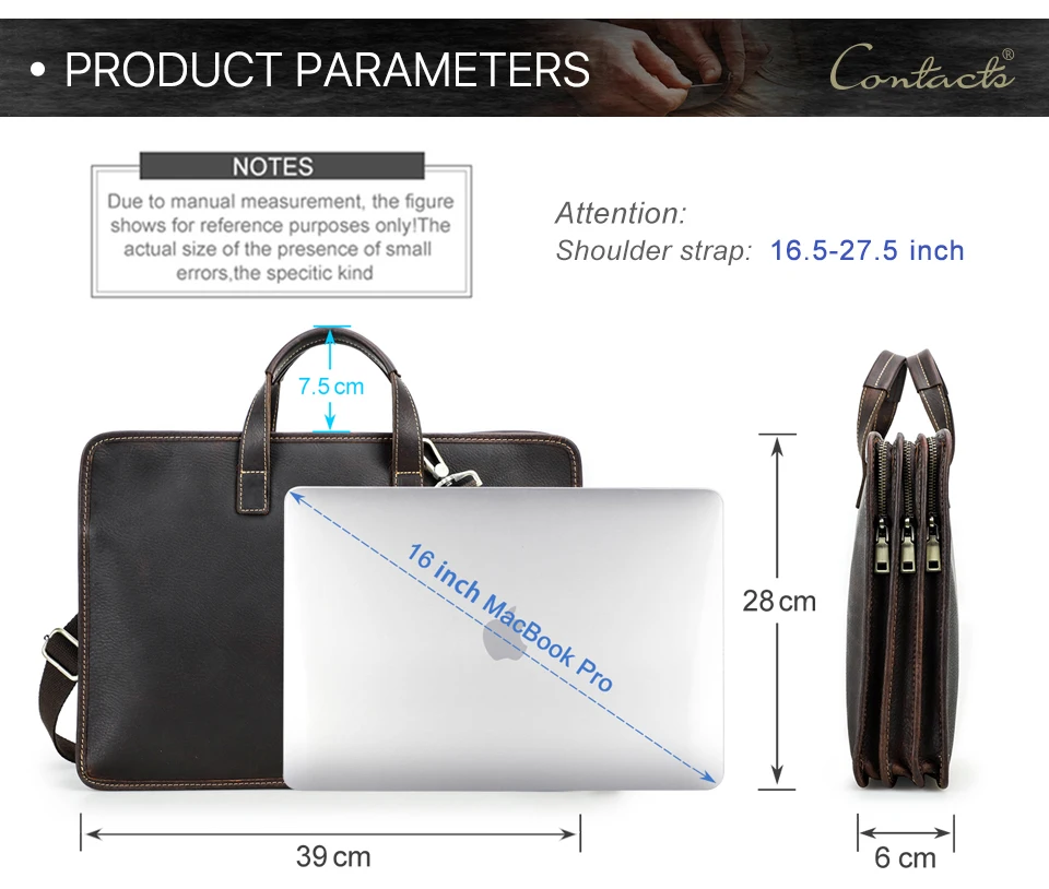 CONTACT'S Genuine Leather Sling Briefcase for Men Business Bags Male Shoulder Bag Men's Bag Tote Laptop Bags for 16" Macbook Pro