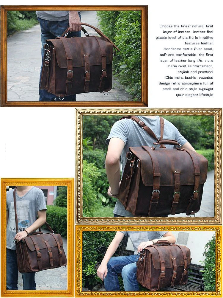 Vintage Crazy Horse Genuine Leather Men Briefcase Business Bag Large Leather Briefcase Male 17' Laptop Case Shoulder Bag Office