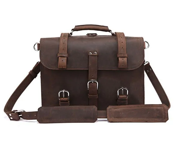 Vintage Crazy Horse Genuine Leather Men Briefcase Business Bag Large Leather Briefcase Male 17' Laptop Case Shoulder Bag Office