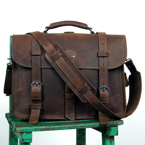 Vintage Crazy Horse Genuine Leather Men Briefcase Business Bag Large Leather Briefcase Male 17' Laptop Case Shoulder Bag Office