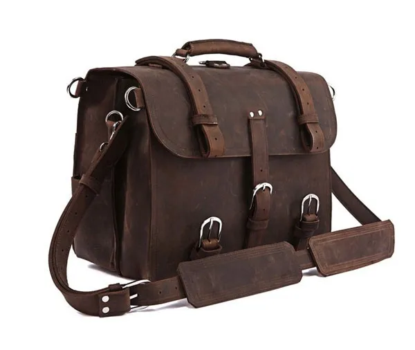 Vintage Crazy Horse Genuine Leather Men Briefcase Business Bag Large Leather Briefcase Male 17' Laptop Case Shoulder Bag Office