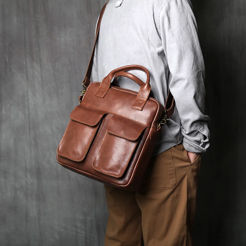 NZPJ New Retro Leather Men's Handbag Top Layer Cowhide Vertical Single Shoulder Messenger Bag Postman Briefcase Computer Bag