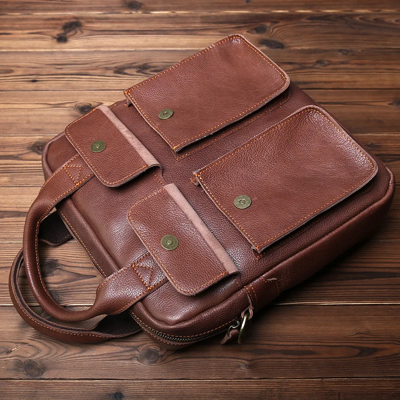 NZPJ New Retro Leather Men's Handbag Top Layer Cowhide Vertical Single Shoulder Messenger Bag Postman Briefcase Computer Bag