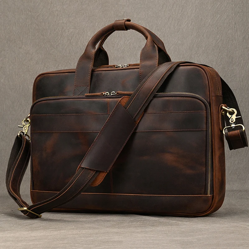 Men Briefcase Genuine Leather Laptop Bag 14 15.6" PC Doctor Lawyer Computer Bag Cowhide Male Briefcase Leather Men Business Bag