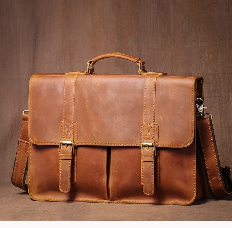 LUOKIR Vintage Crazy Horse Briefcase Travel Genuine Leather Handbag Luxury Men's Messenger Computer Shoulder Bag 14 Inch Laptop