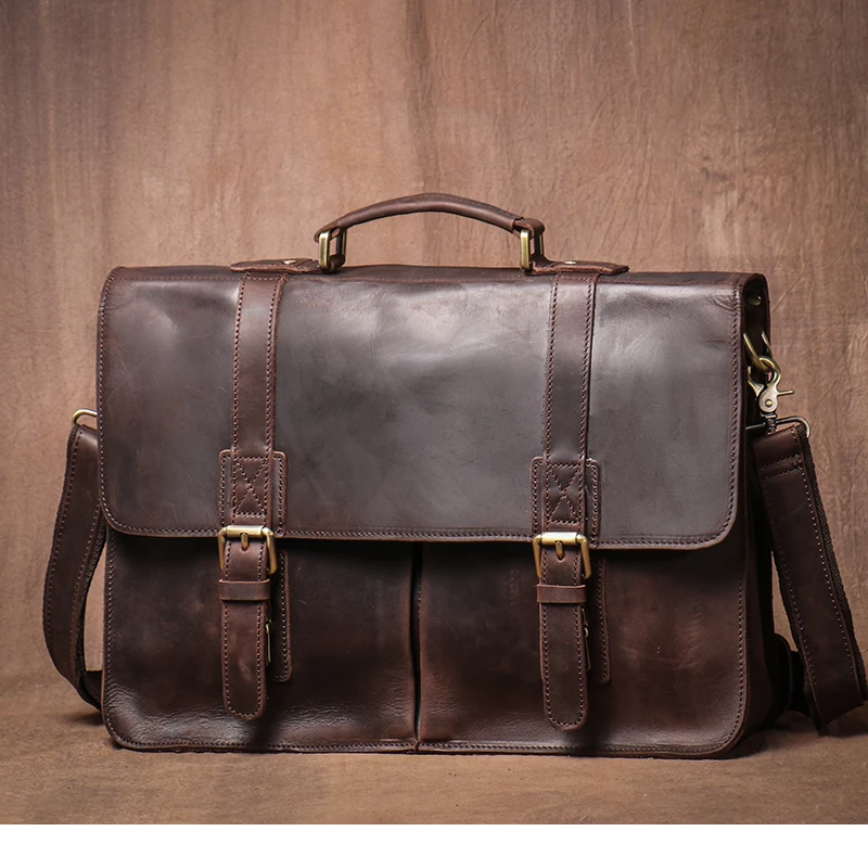 LUOKIR Vintage Crazy Horse Briefcase Travel Genuine Leather Handbag Luxury Men's Messenger Computer Shoulder Bag 14 Inch Laptop