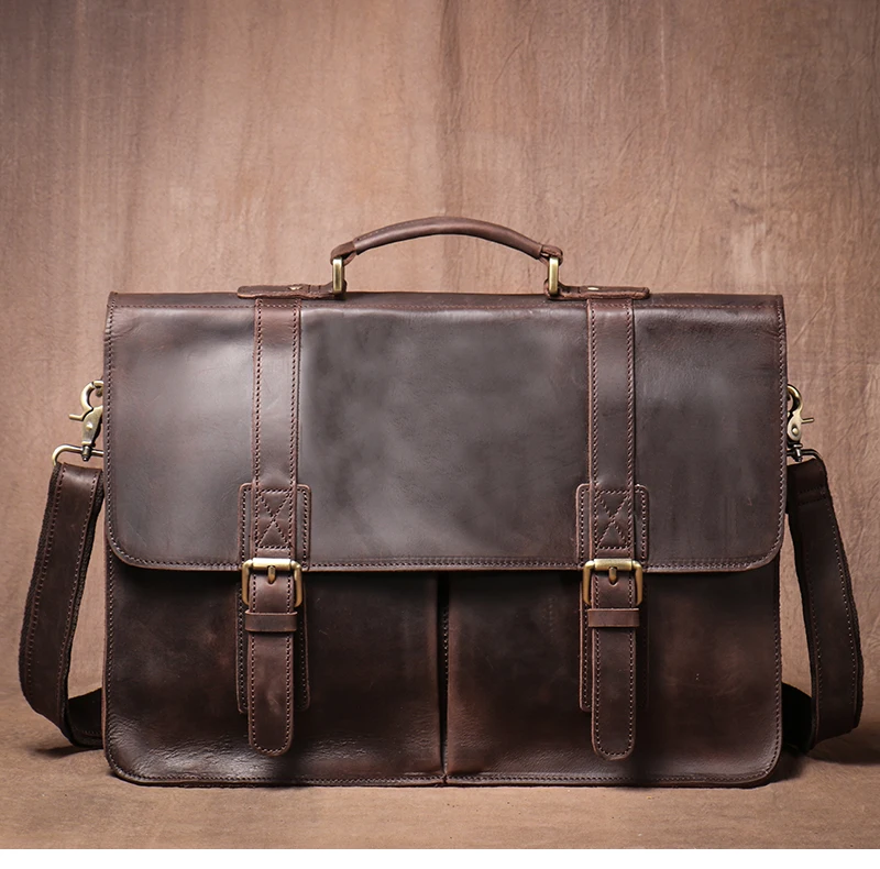 LUOKIR Vintage Crazy Horse Briefcase Travel Genuine Leather Handbag Luxury Men's Messenger Computer Shoulder Bag 14 Inch Laptop