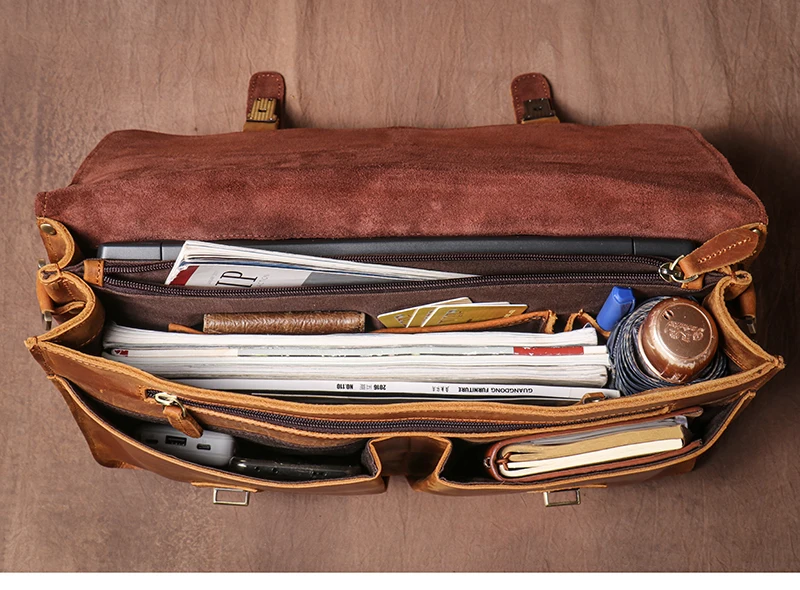 LUOKIR Vintage Crazy Horse Briefcase Travel Genuine Leather Handbag Luxury Men's Messenger Computer Shoulder Bag 14 Inch Laptop