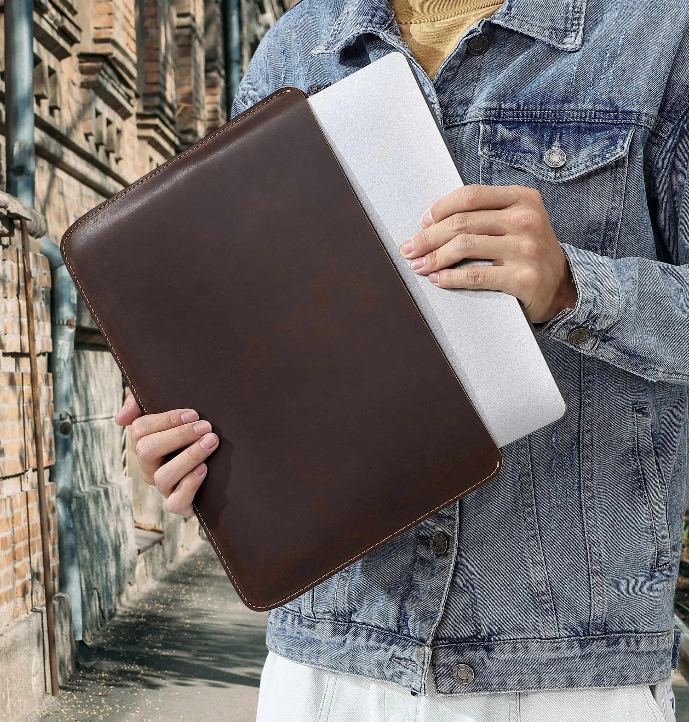 Genuine Leather Slim Laptop Sleeve Pouch Cover, Leather Ultra-thin Notebook Protective Case for 14 Inch MacBook, iPAD Air/Pro