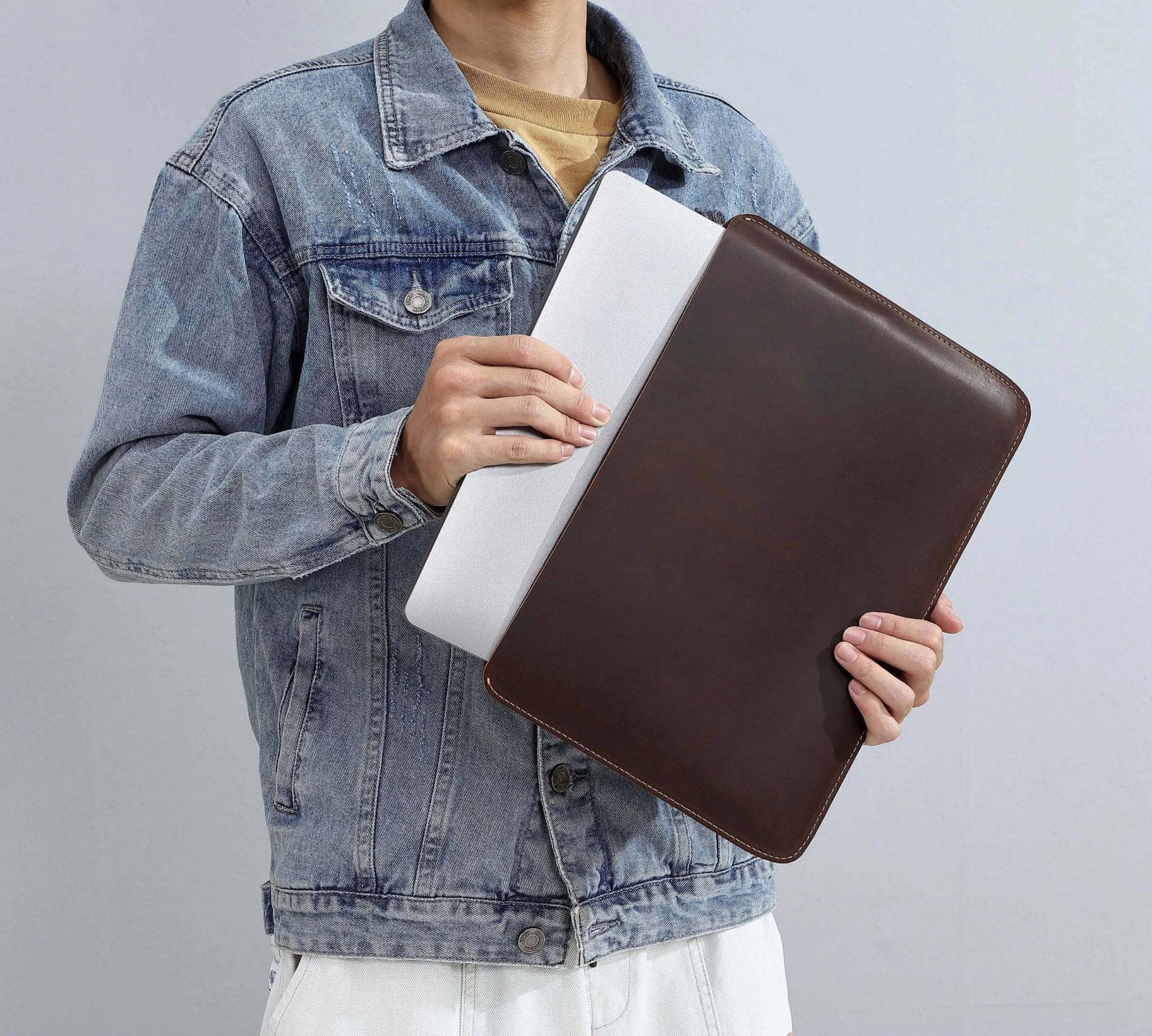 Genuine Leather Slim Laptop Sleeve Pouch Cover, Leather Ultra-thin Notebook Protective Case for 14 Inch MacBook, iPAD Air/Pro
