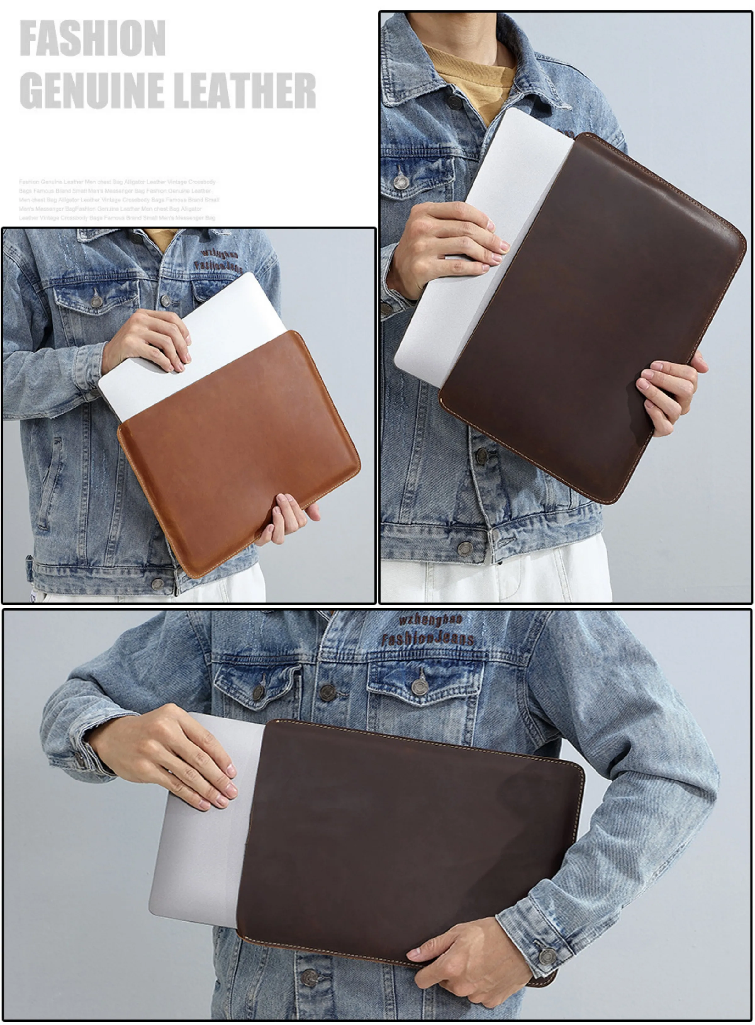 Genuine Leather Slim Laptop Sleeve Pouch Cover, Leather Ultra-thin Notebook Protective Case for 14 Inch MacBook, iPAD Air/Pro