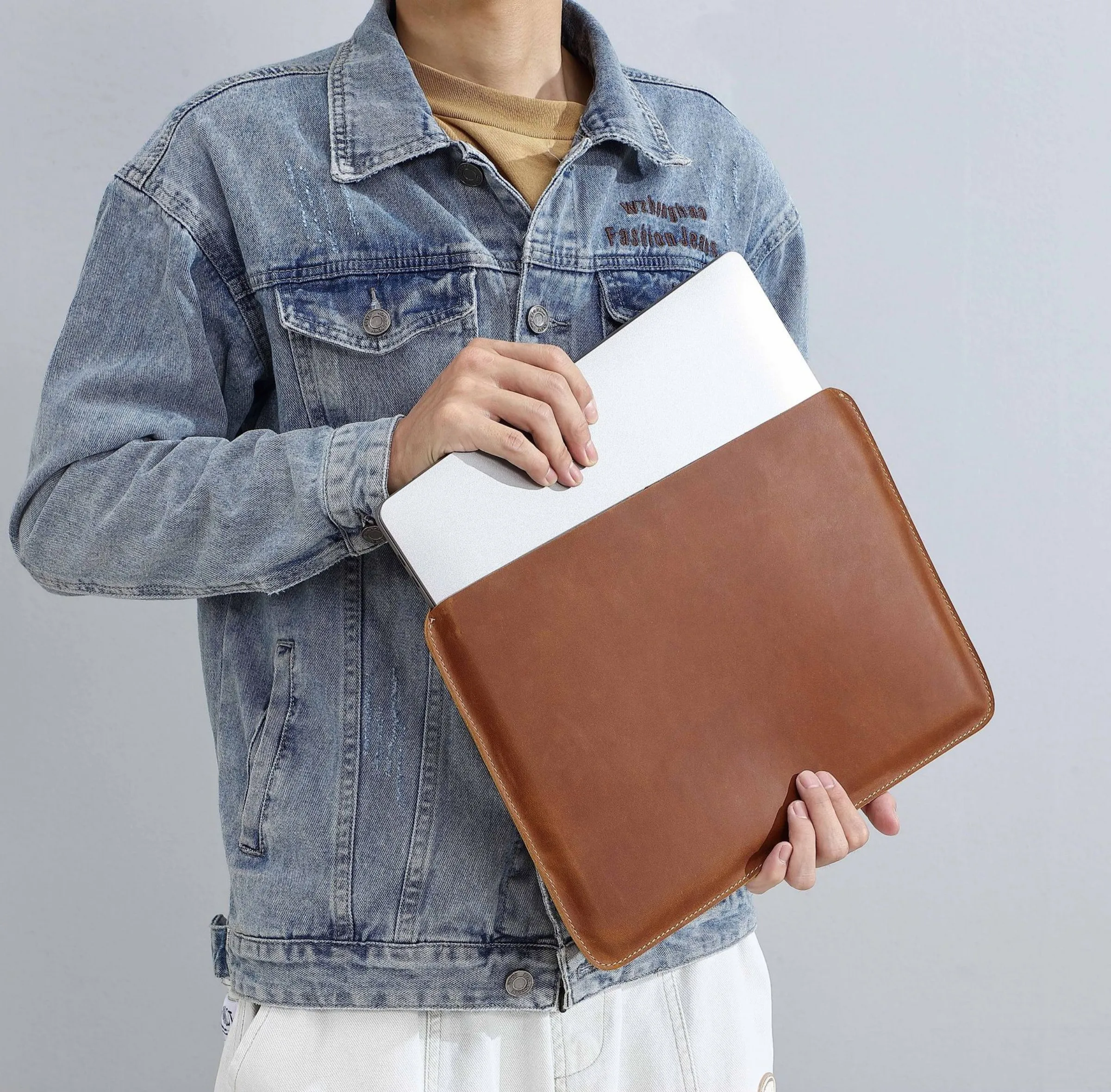 Genuine Leather Slim Laptop Sleeve Pouch Cover, Leather Ultra-thin Notebook Protective Case for 14 Inch MacBook, iPAD Air/Pro