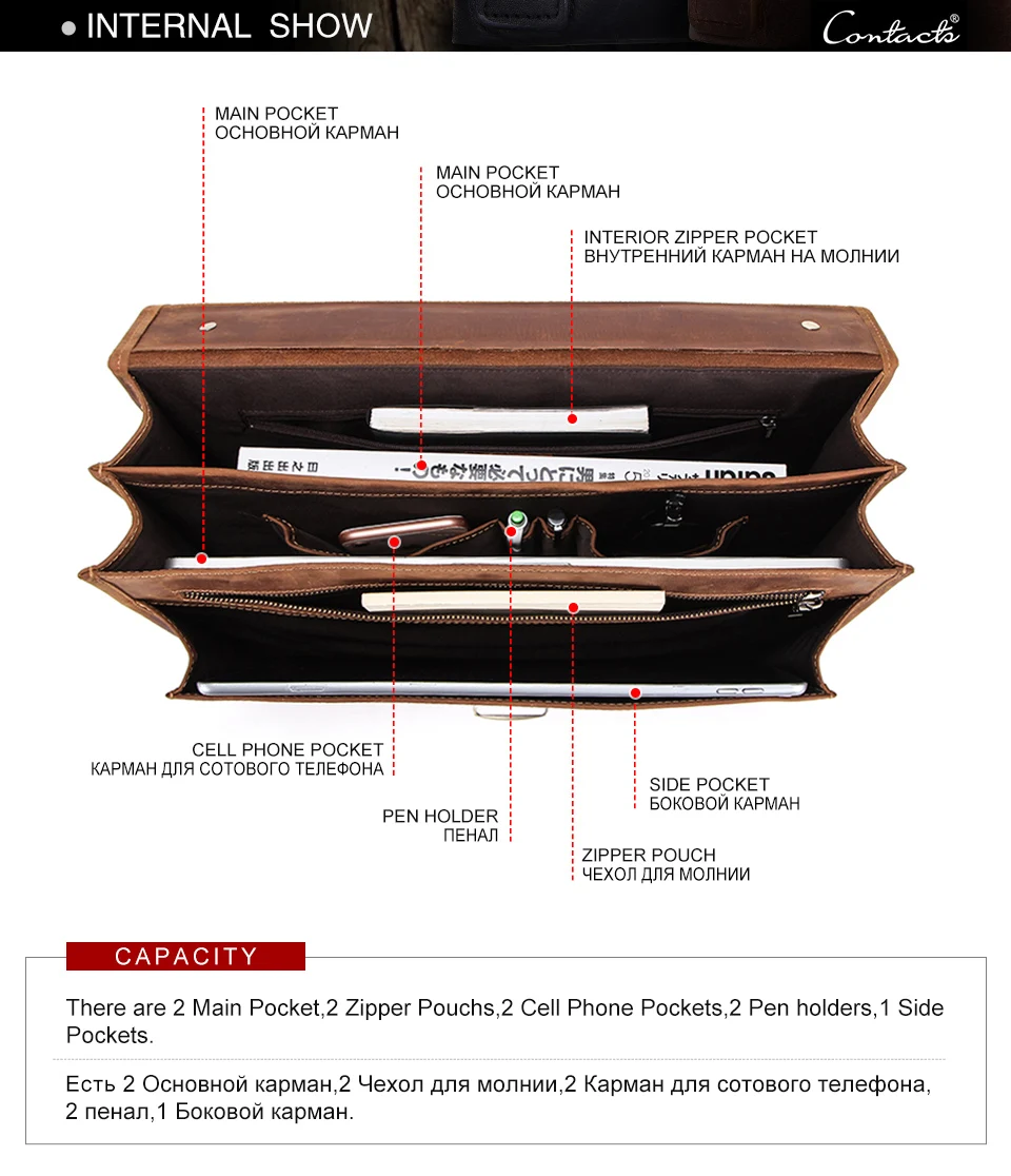 CONTACT'S Genuine Leather Business Bags for Men High Quality Briefcase Office Bag Male Tote Laptop Bags Portfolio Bag Document