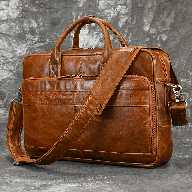 Retro Laptop Briefcase Bag Genuine Leather Handbags Casual 15.6' Business Bag Daily Working Tote Bags Men Male Bag for Documents