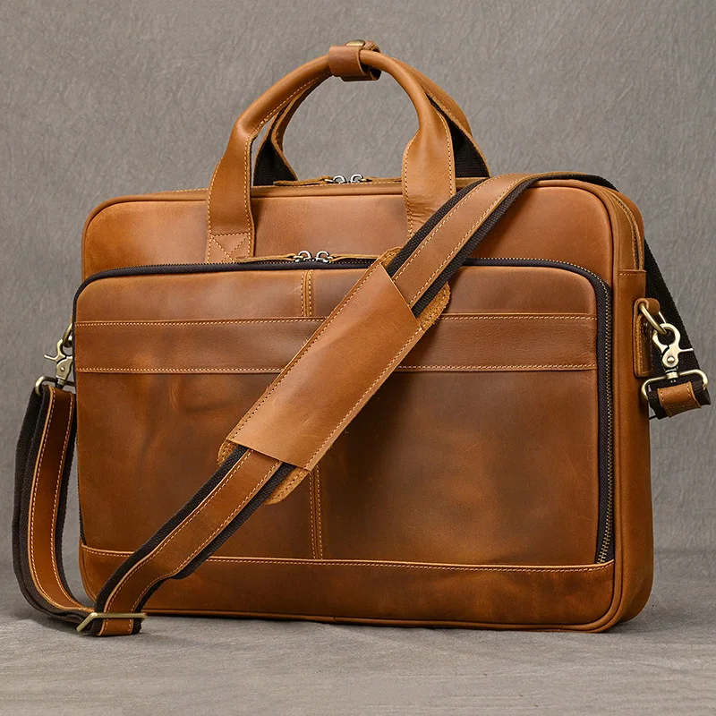 Retro Laptop Briefcase Bag Genuine Leather Handbags Casual 15.6' Business Bag Daily Working Tote Bags Men Male Bag for Documents