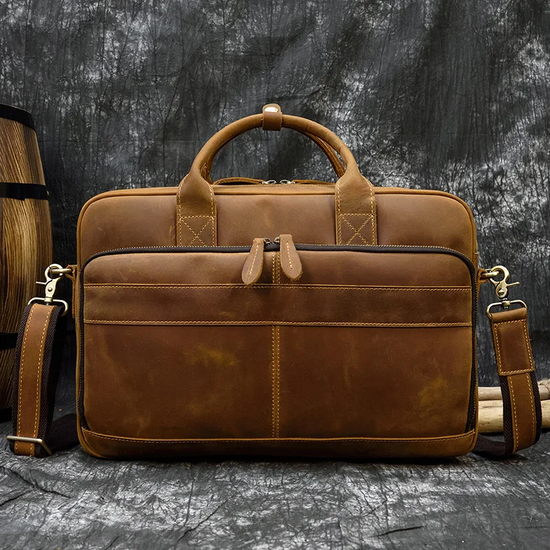 Retro Laptop Briefcase Bag Genuine Leather Handbags Casual 15.6' Business Bag Daily Working Tote Bags Men Male Bag for Documents