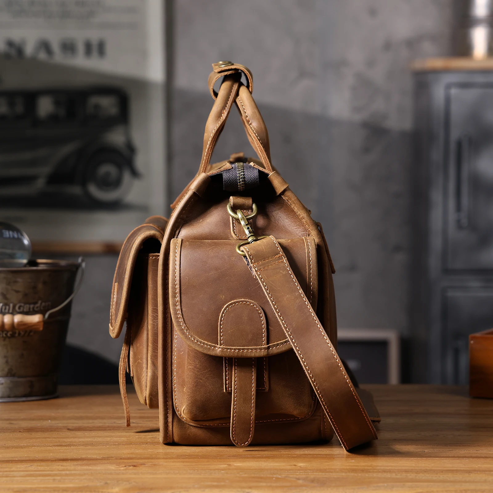 S.WORKER Vintage Genuine Leather Men's Briefcase 14" Laptop Bags Crazy Horse Leather Messenger Handbag Cowhide Idea Gift For Men