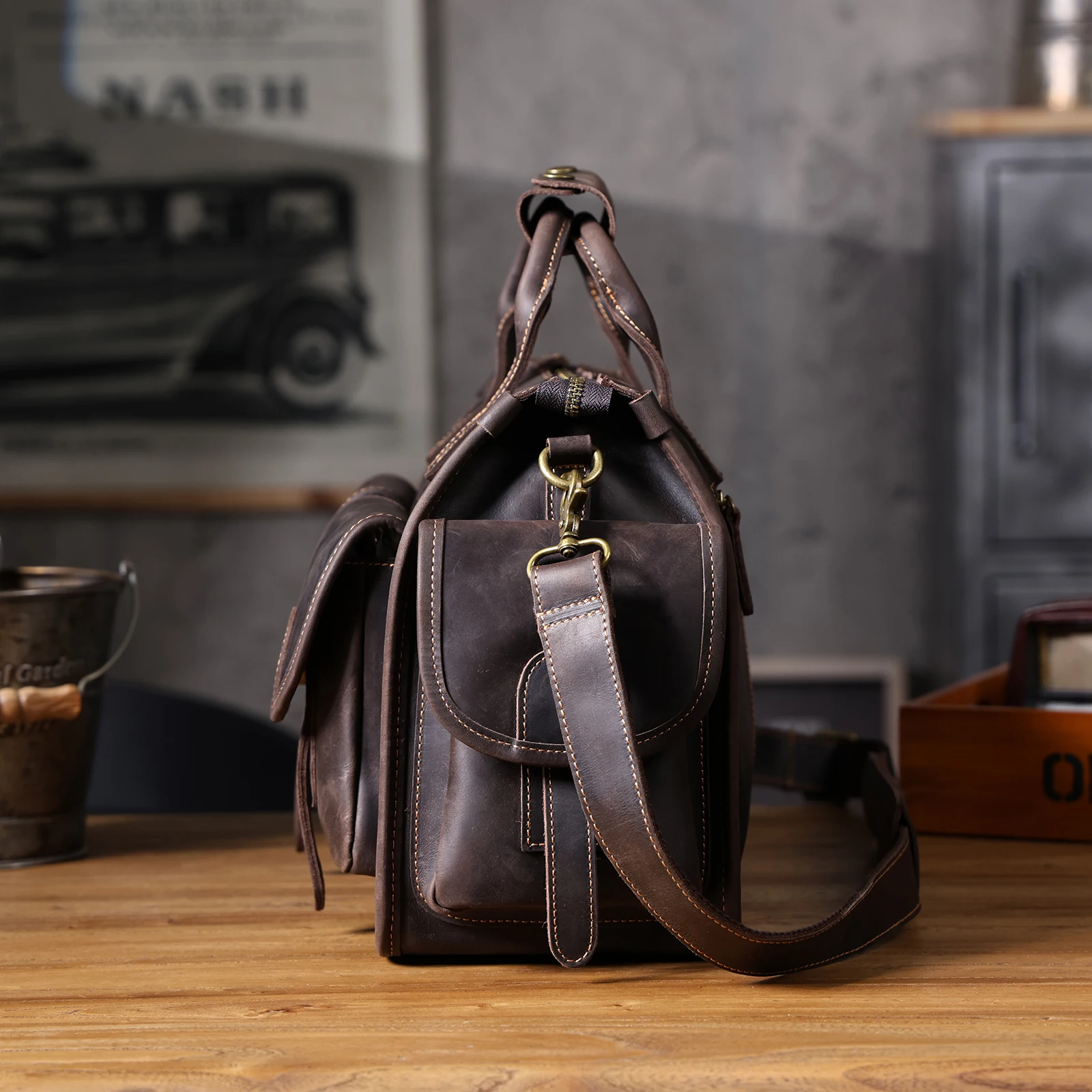 S.WORKER Vintage Genuine Leather Men's Briefcase 14" Laptop Bags Crazy Horse Leather Messenger Handbag Cowhide Idea Gift For Men