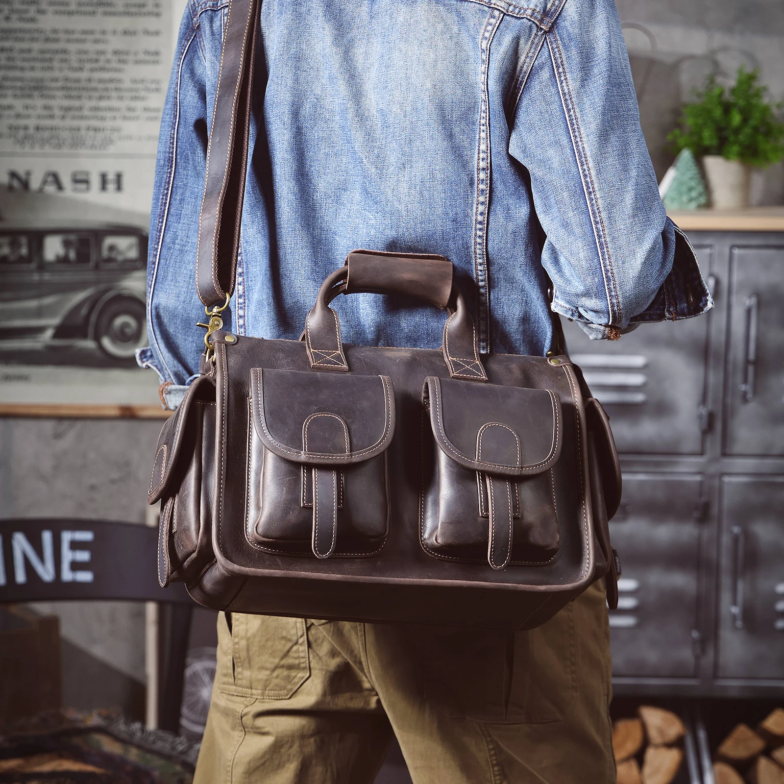 S.WORKER Vintage Genuine Leather Men's Briefcase 14" Laptop Bags Crazy Horse Leather Messenger Handbag Cowhide Idea Gift For Men